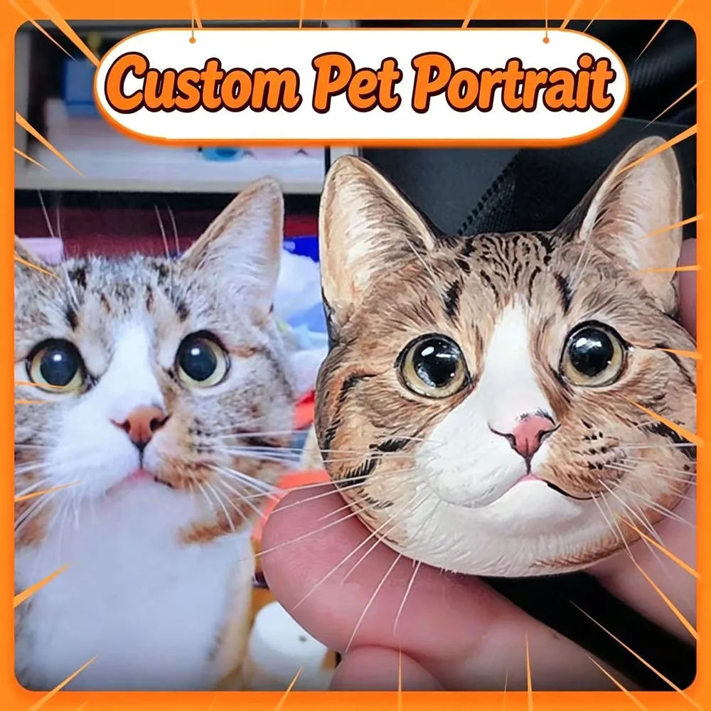 Custom plaster pet figurine next to the photo it was painted from