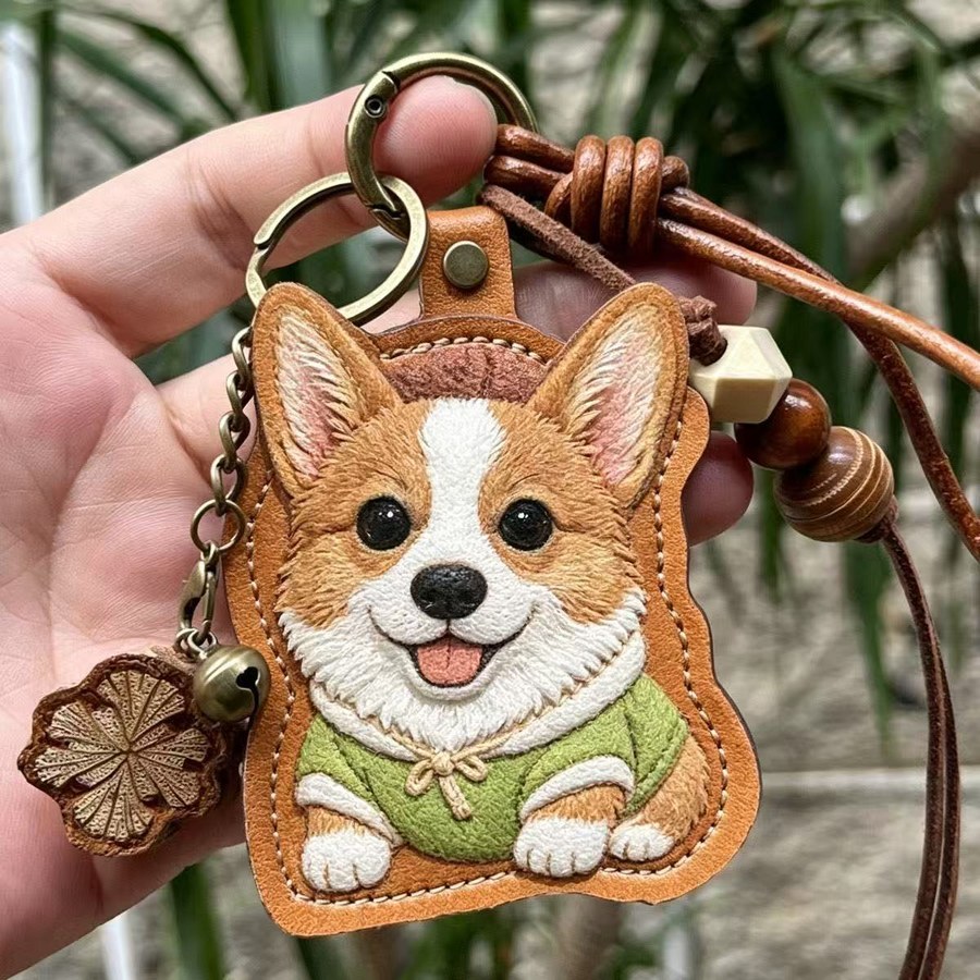 Leather Portrait Keychain — corgi